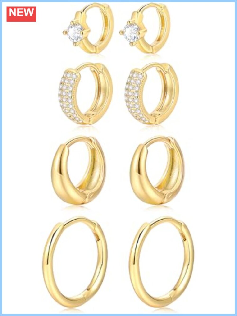 14K Gold Plated Hoop Earrings Set Huggie Small Women 4 Pairs
